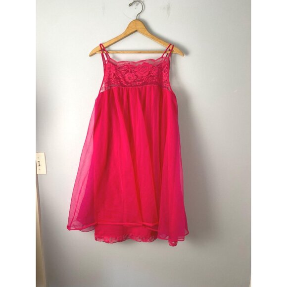 Vintage Hot Pink Babydoll Chiffon Nightgown Dress by Flair, Size M, 60s Lingerie - Picture 2 of 10